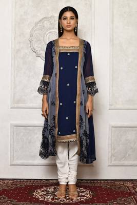 Navy-blue embroidered georgette kurta &-sets 2