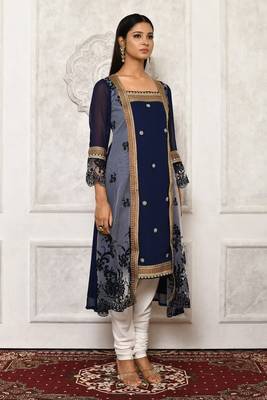 Navy-blue embroidered georgette kurta &-sets 3