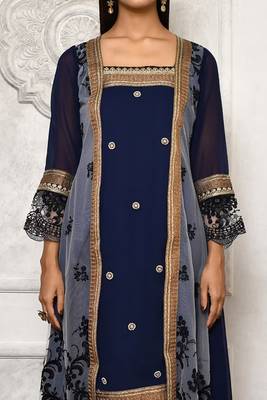 Navy-blue embroidered georgette kurta &-sets 5