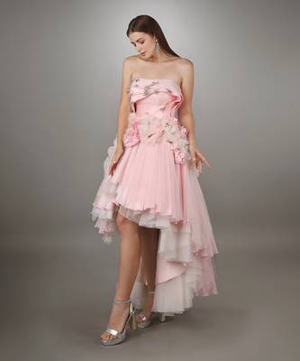 Pink Sculpted Bodice Textured High Low Net Gown. 1