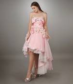 Pink Sculpted Bodice Textured High Low Net Gown.