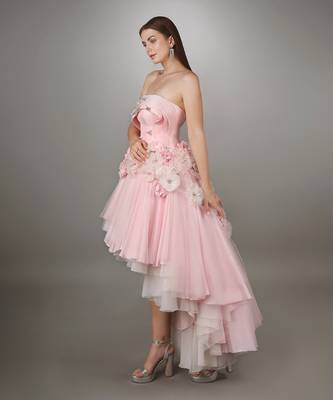 Pink Sculpted Bodice Textured High Low Net Gown. 2