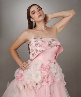 Pink Sculpted Bodice Textured High Low Net Gown. 3