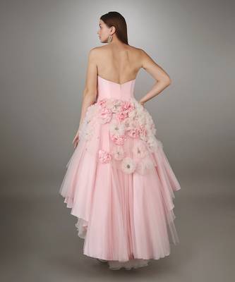 Pink Sculpted Bodice Textured High Low Net Gown. 4