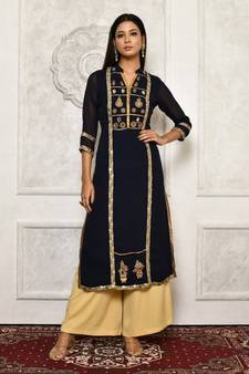 Navy-blue embroidered georgette kurta &-sets