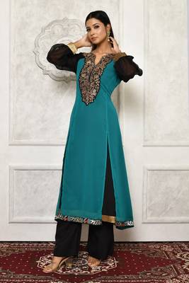 Green embroidered georgette kurta &-sets 1