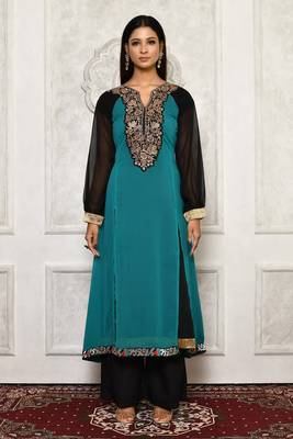 Green embroidered georgette kurta &-sets 2