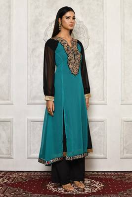 Green embroidered georgette kurta &-sets 3