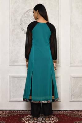 Green embroidered georgette kurta &-sets 4