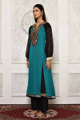 Green embroidered georgette kurta &-sets 5
