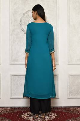 Green embroidered georgette kurta &-sets 4