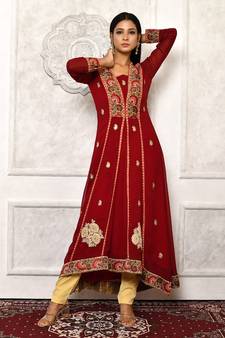 Maroon embroidered georgette kurta &-sets