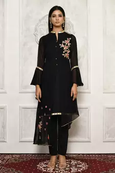 Black embroidered georgette kurta &-sets