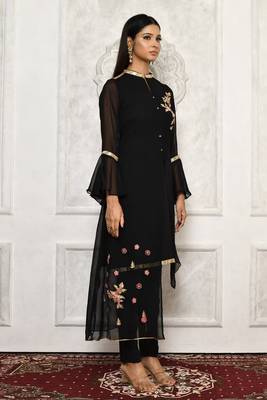Black embroidered georgette kurta &-sets 3