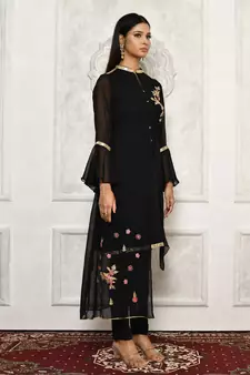 Black embroidered georgette kurta &-sets