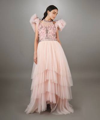 Pink Embroidered Power Shoulder Layered Net Gown. 1