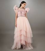 Pink Embroidered Power Shoulder Layered Net Gown.