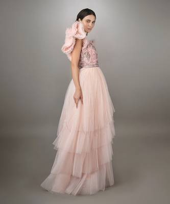Pink Embroidered Power Shoulder Layered Net Gown. 2