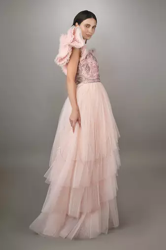 Pink Embroidered Power Shoulder Layered Net Gown.