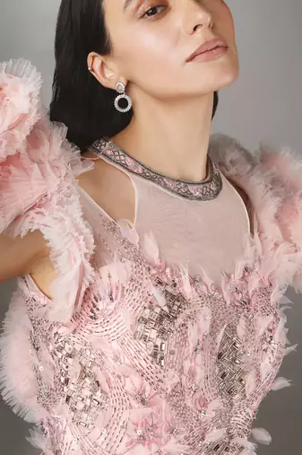 Pink Embroidered Power Shoulder Layered Net Gown.