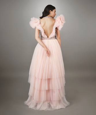 Pink Embroidered Power Shoulder Layered Net Gown. 4