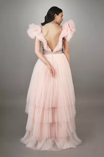 Pink Embroidered Power Shoulder Layered Net Gown.