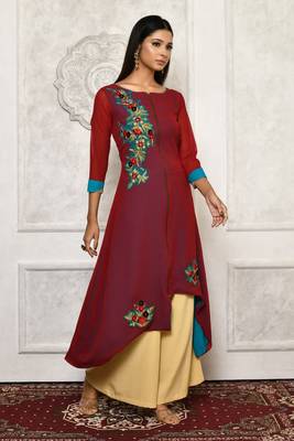 Maroon embroidered georgette kurta &-sets 1