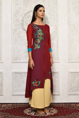 Maroon embroidered georgette kurta &-sets 3