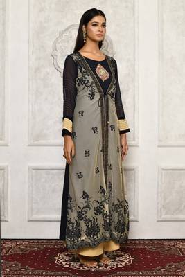 Navy-blue embroidered georgette kurta &-sets 3