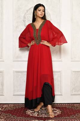 Maroon embroidered georgette kurta &-sets 1