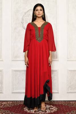 Maroon embroidered georgette kurta &-sets 2