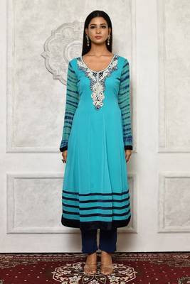 Light-sea-green embroidered georgette kurta &-sets 2