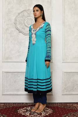 Light-sea-green embroidered georgette kurta &-sets 3