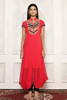 Red embroidered georgette kurta &-sets