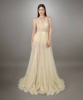 Yellow Bodysuit Applique Texture Gown 1