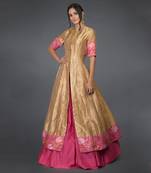 Gold- Pink Kimkhab Handwoven Banarasi Peshwa Kalidaar Outfit