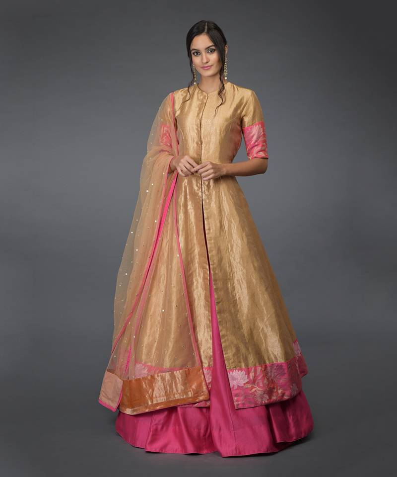 Gold- Pink Kimkhab Handwoven Banarasi Peshwa Kalidaar Outfit