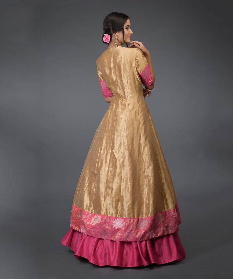 Gold- Pink Kimkhab Handwoven Banarasi Peshwa Kalidaar Outfit