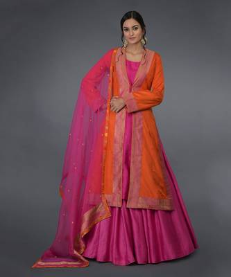 Orange- Hot Pink Banarasi Zari Handwoven Overlay Jacket Set 1