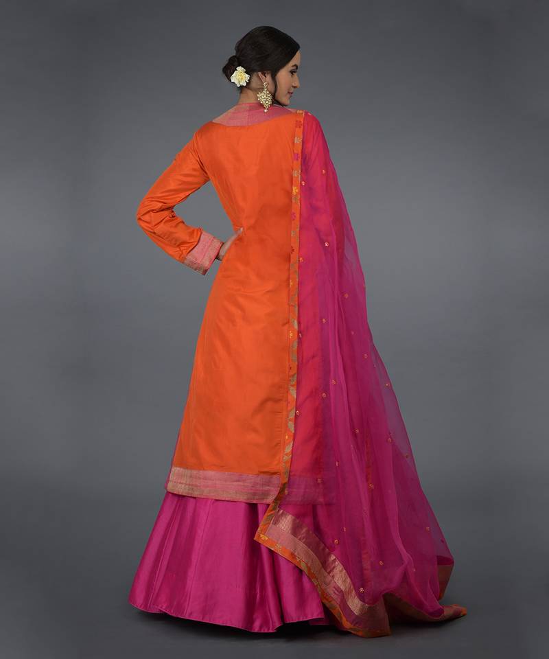 Orange- Hot Pink Banarasi Zari Handwoven Overlay Jacket Set