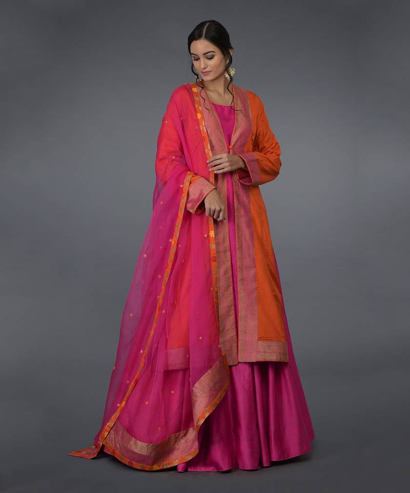 Orange- Hot Pink Banarasi Zari Handwoven Overlay Jacket Set