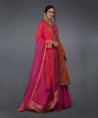 Orange- Hot Pink Banarasi Zari Handwoven Overlay Jacket Set 4