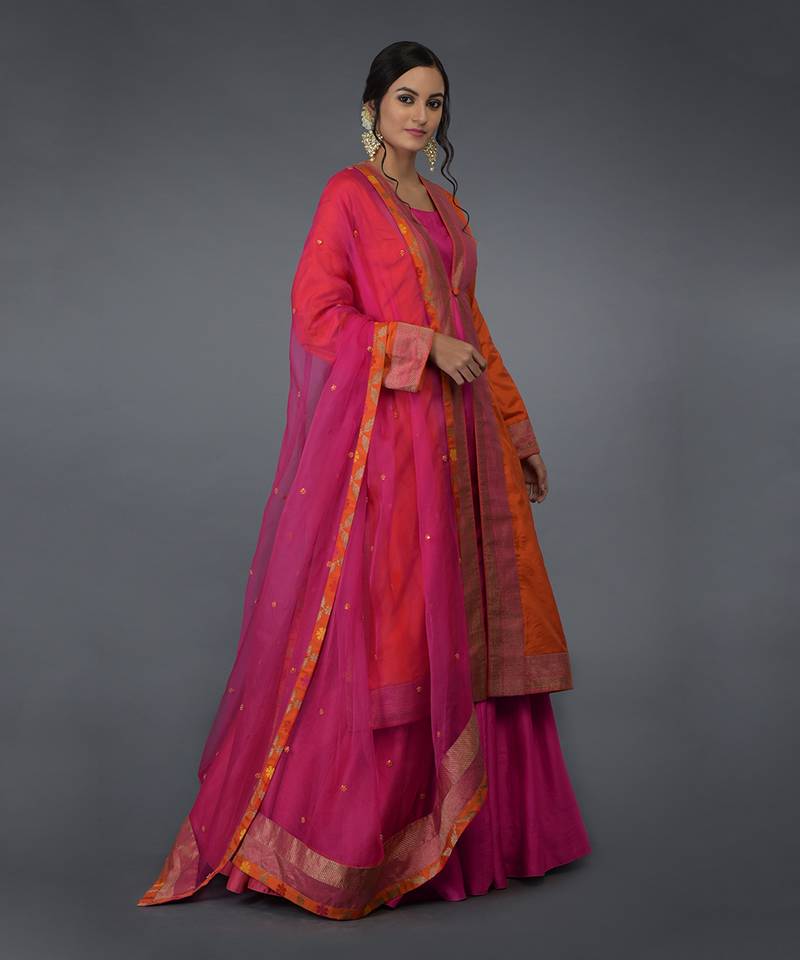 Orange- Hot Pink Banarasi Zari Handwoven Overlay Jacket Set