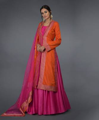 Orange- Hot Pink Banarasi Zari Handwoven Overlay Jacket Set 5