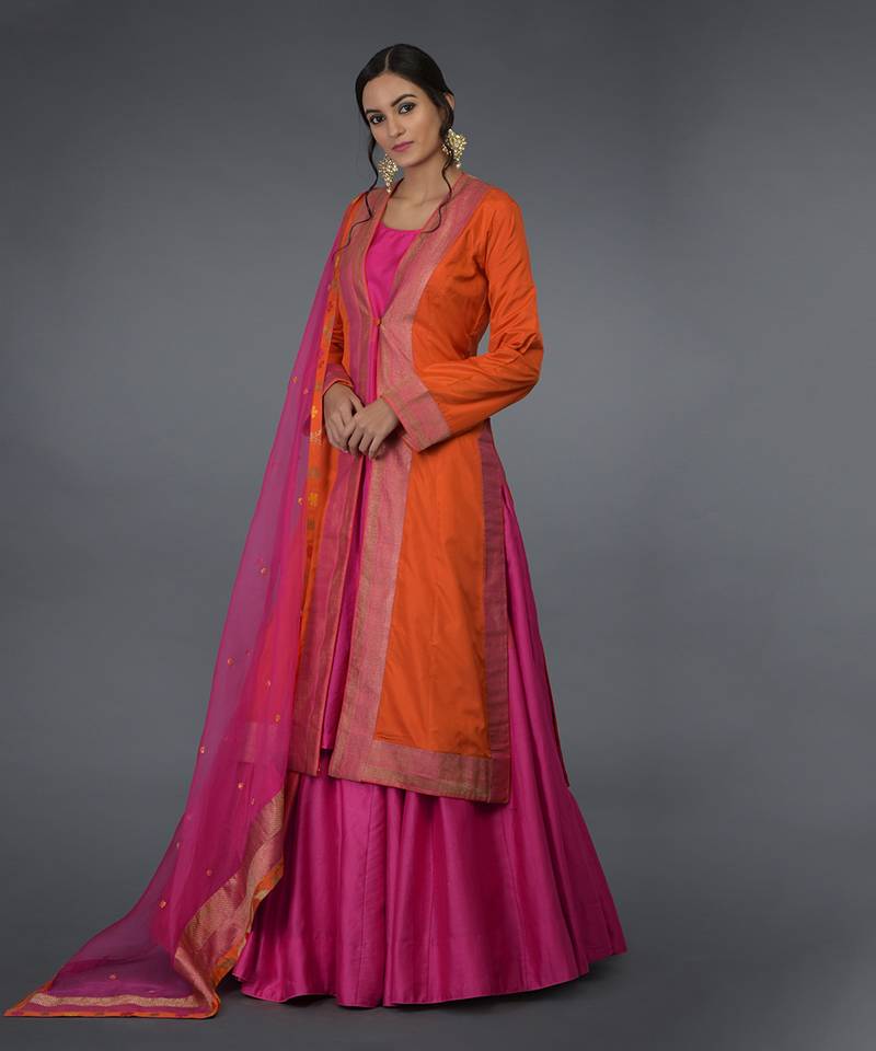 Orange- Hot Pink Banarasi Zari Handwoven Overlay Jacket Set
