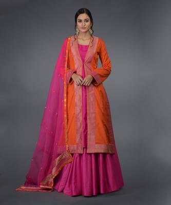 Orange- Hot Pink Banarasi Zari Handwoven Overlay Jacket Set 6