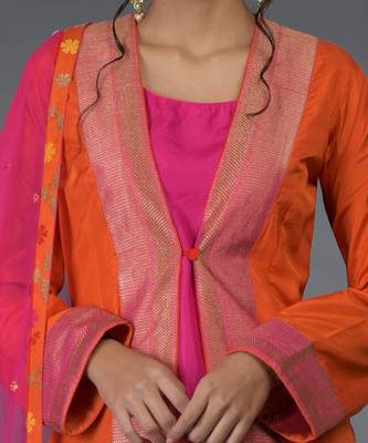 Orange- Hot Pink Banarasi Zari Handwoven Overlay Jacket Set 7