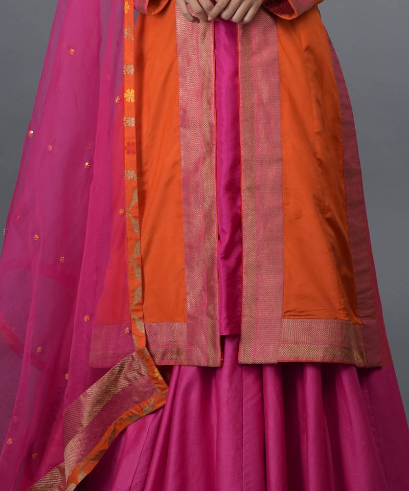 Orange- Hot Pink Banarasi Zari Handwoven Overlay Jacket Set