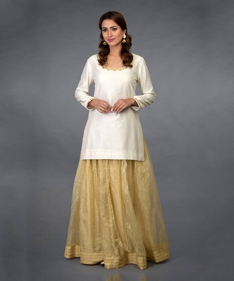 Ivory-Gold Zari Beads & Sequin Embroidered Sharara Suit