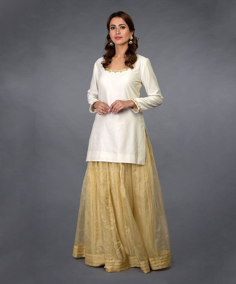 Ivory-Gold Zari Beads & Sequin Embroidered Sharara Suit